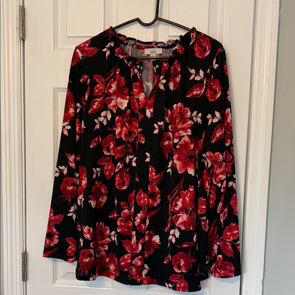 Croft & Barrow Black and Red Mandarin Collar Blouse